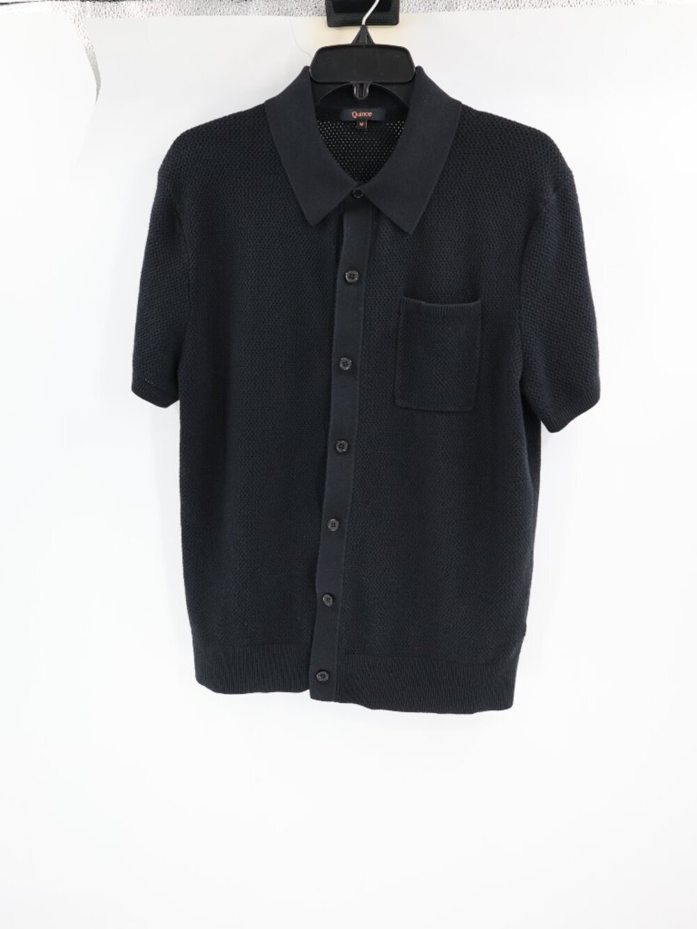 Quince Sweater Polo Mens Medium Organic Cotton Mesh Stitch Button Up Black SS